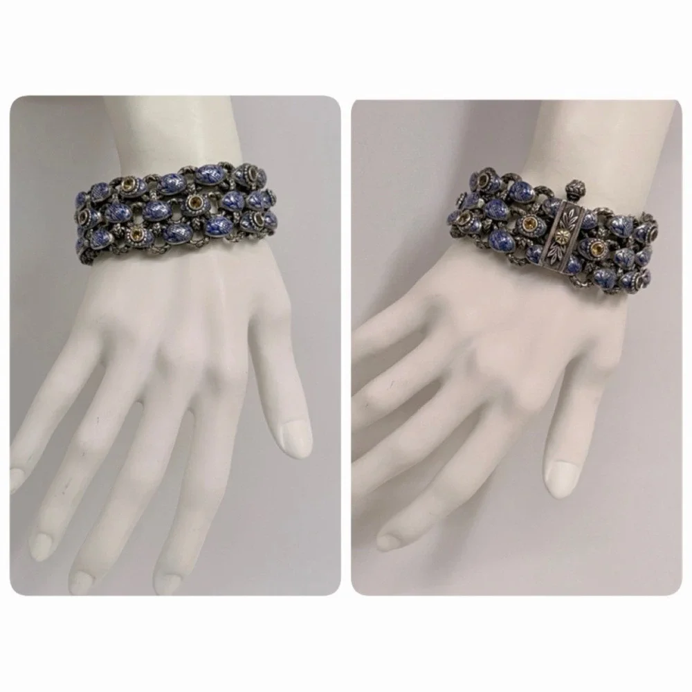 Ned Bowman Laurel Leaf Sterling Gold Blue Enamel Yellow Gemstone Bracelet 7 1/2